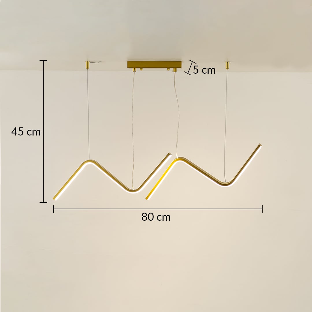 Gold wave LED chandelier shown with dimensions of 80 cm width 45 cm height and 25 cm canopy ideal for modern living room lighting and stylish contemporary ceiling decor.