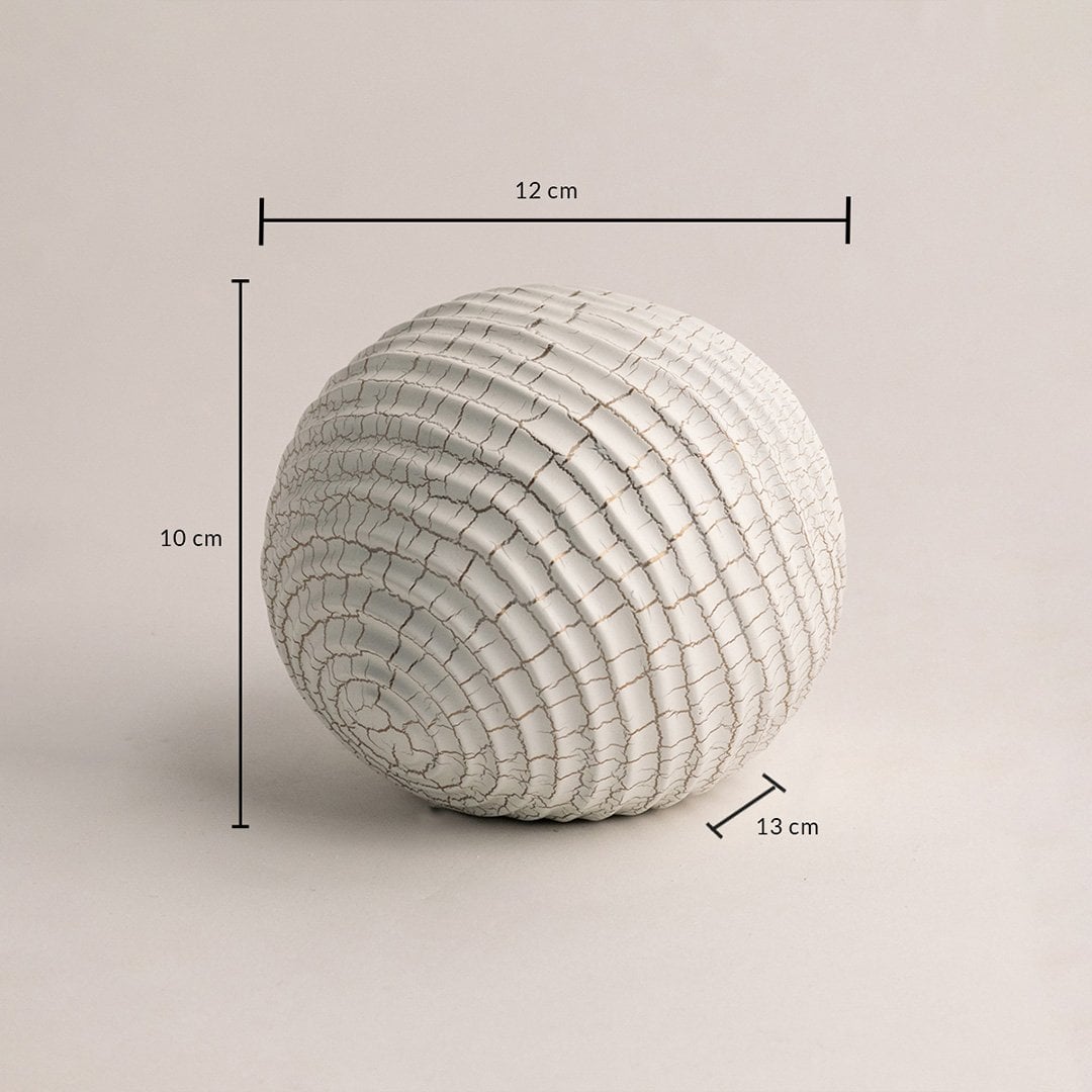 White ceramic sphere with crackle texture shown in 12 cm size dimension for accurate home decor styling reference.