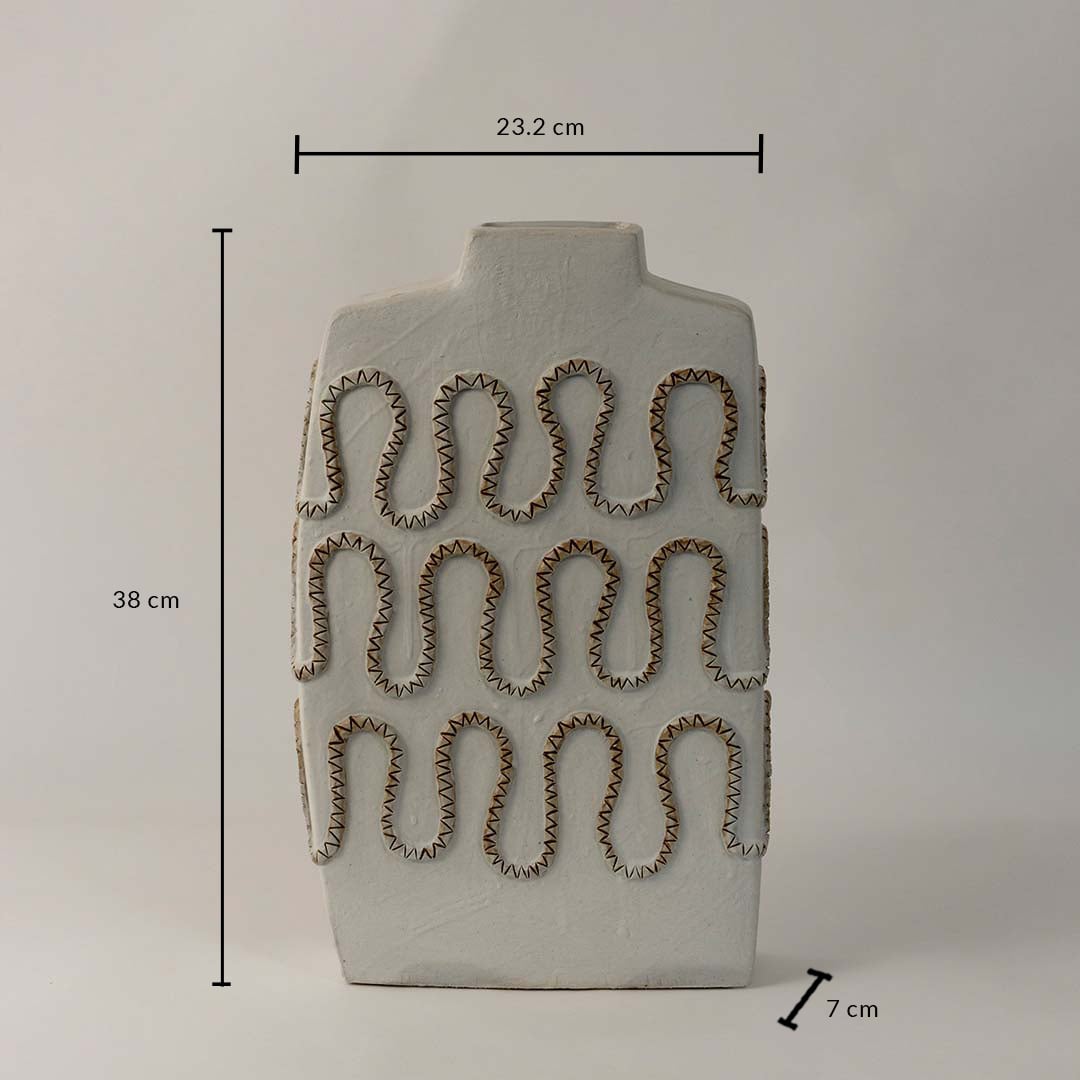 White ceramic tall vase with zigzag carved texture shown with 38 cm height and 23.2 cm width for stylish interior decoration.