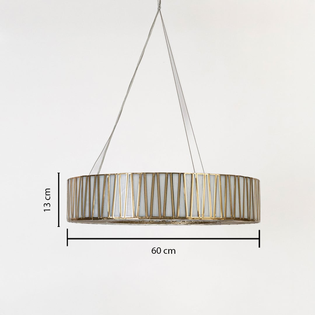 Gold metal drum pendant light with vertical rods measuring 60 cm wide and 13 cm high shown on white background wall