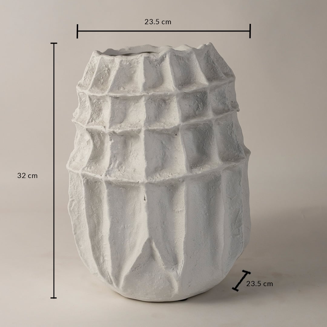White ceramic sculptural vase with textured artistic design shown with 32 cm height and 23.5 cm diameter for modern decor.
