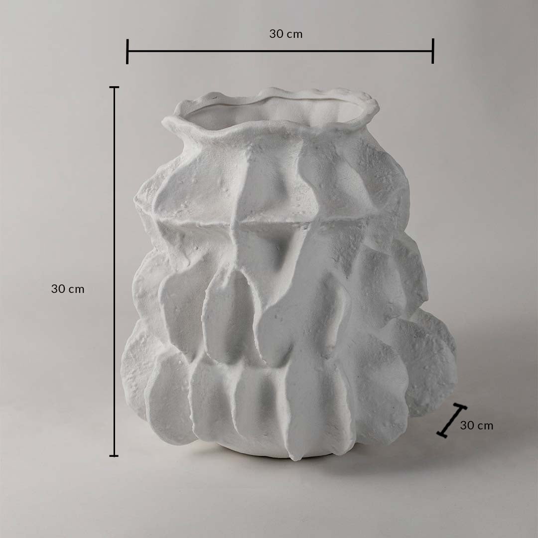 White ceramic sculptural vase with bold textured design shown with 30 cm height and 30 cm width for stylish home interiors.