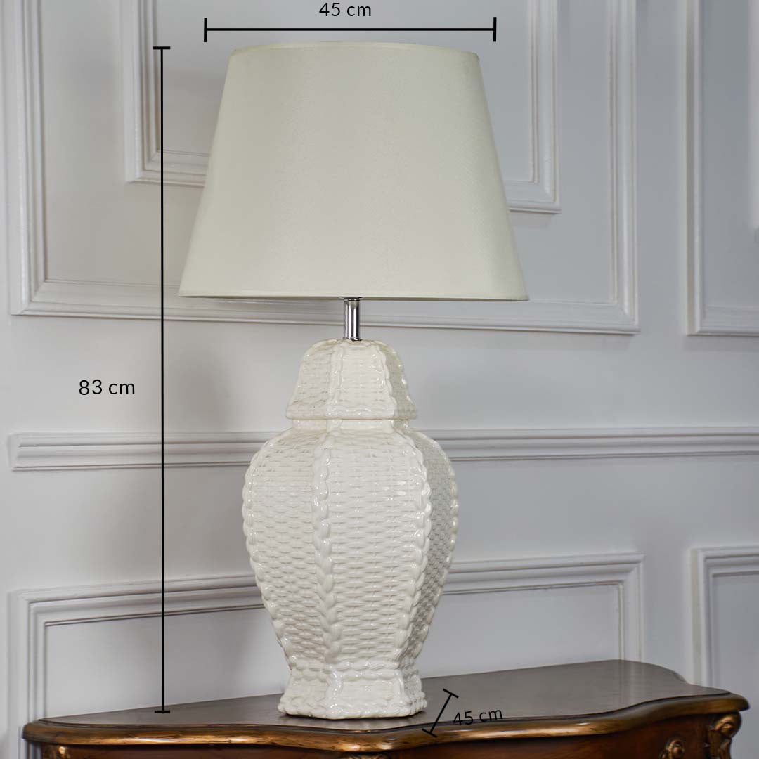 White ceramic textured table lamp shown with 83 cm height 45 cm shade width and 45 cm base width on a wooden console for clear size reference.