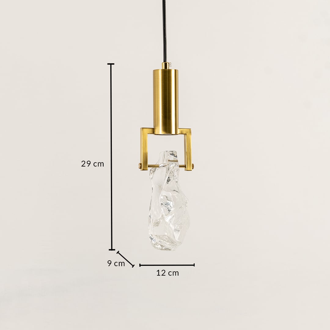 Pendant light measuring 29 cm in height and 12 cm in width featuring metal frame and sculpted glass shade for modern home lighting.