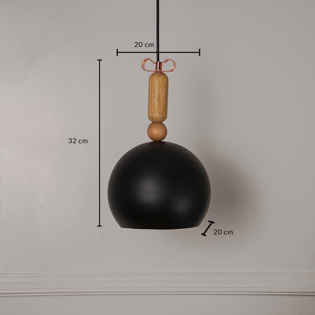 Black dome pendant lamp with wooden accent showing 32cm height and 20cm width for accurate size measurement.