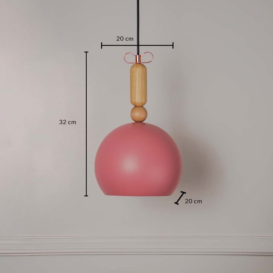 Terracotta dome pendant lamp with wooden accent showing 32cm height and 20cm width for accurate size reference.