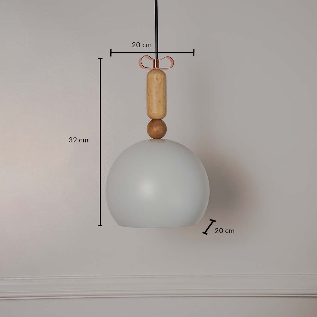 White dome pendant lamp with wooden accent showing 32cm height and 20cm width for accurate size measurement.