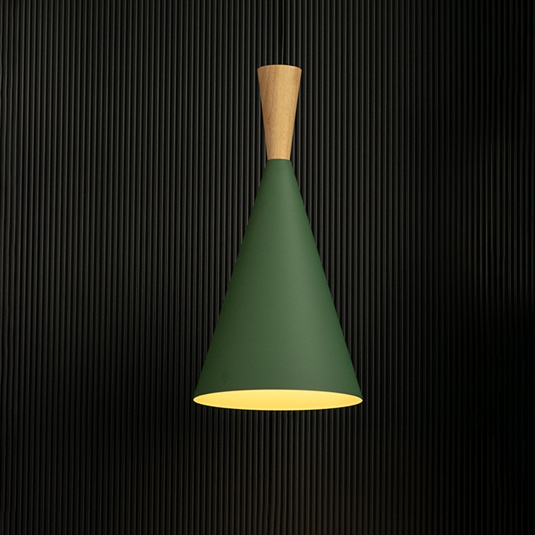 Contemporary green cone pendant light with wooden top accent highlighted on a black background.