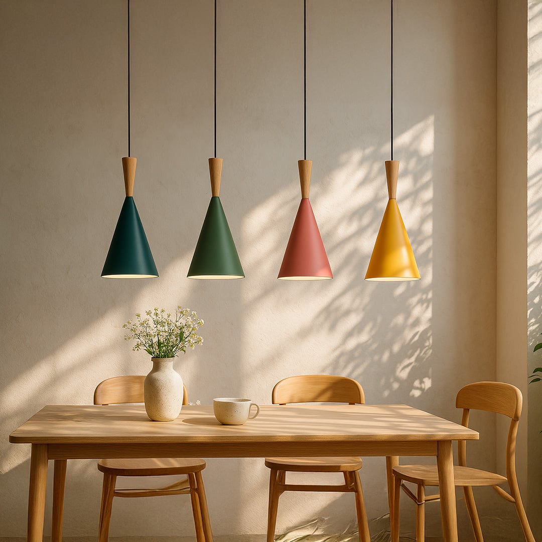 Modern cone pendant lights in green red and yellow with wooden accents hanging above dining table for stylish home decor.