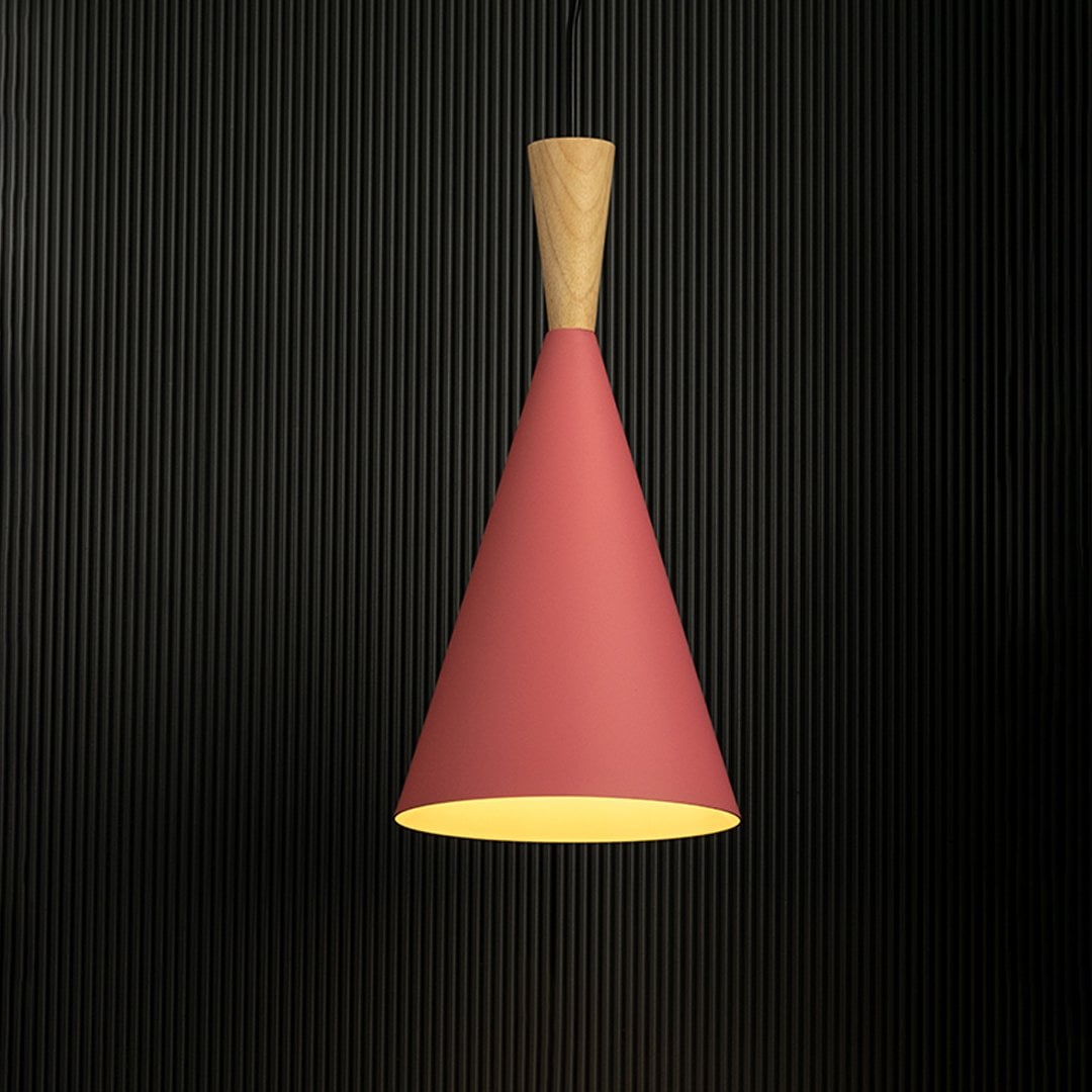 Stylish red cone pendant light with wood top highlighted against black background for premium home lighting.