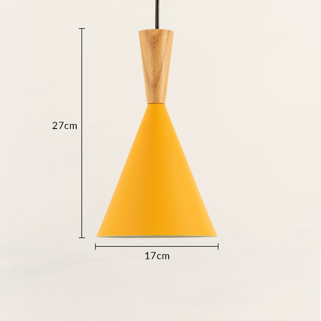 Yellow pendant light with 27 cm height and 17 cm width measurements shown clearly.