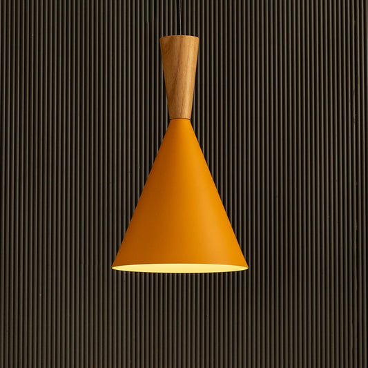 Mustard yellow metal cone pendant light with wooden detail shown on dark background adding bold modern ceiling decor style.