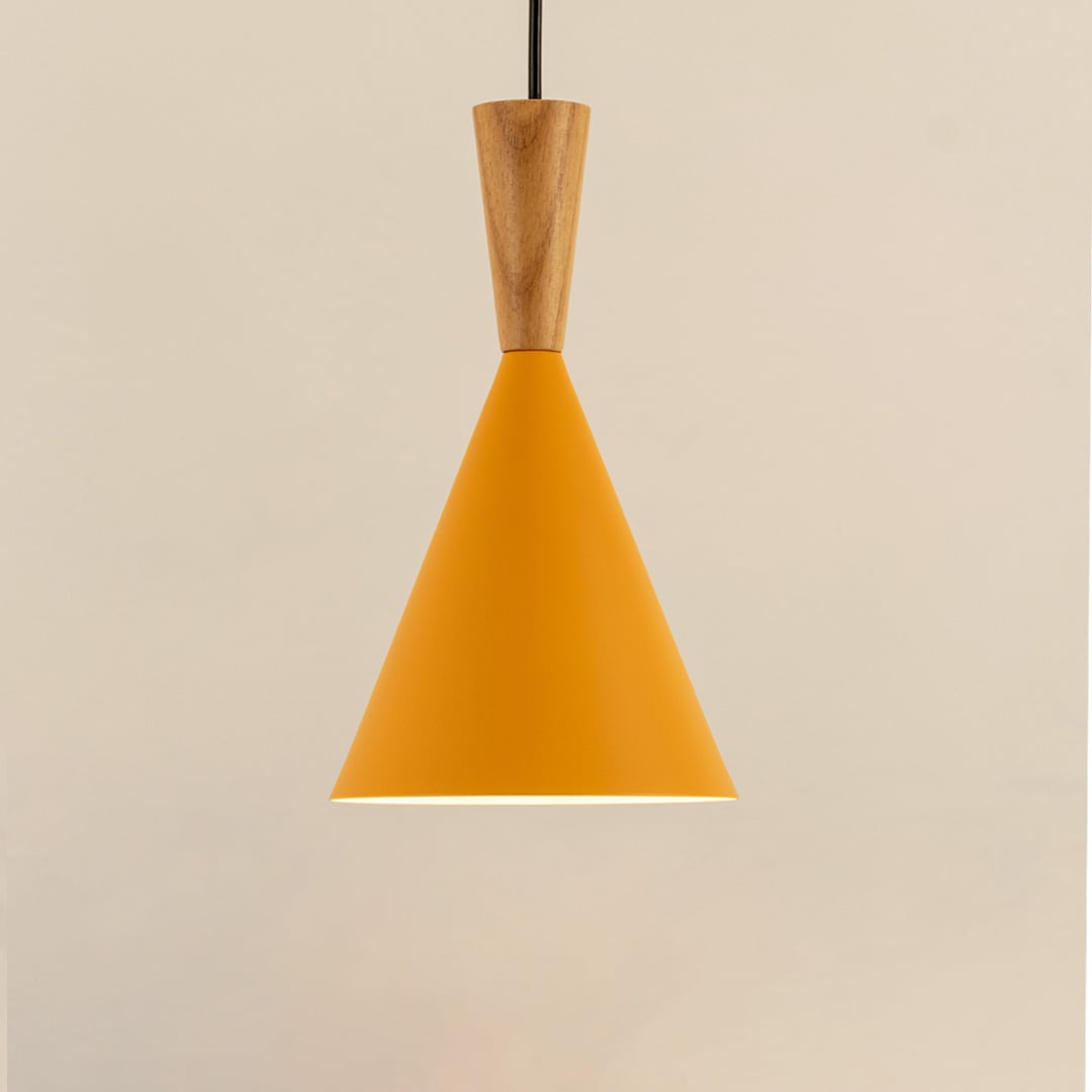 Yellow cone pendant light with wooden accent against a white background for product display.
