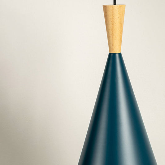 Teal blue metal cone pendant light with wooden top displayed on white background ideal for modern home ceiling lighting.
