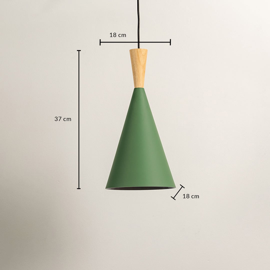 Green cone pendant light with wooden accent 37 cm height and 18 cm width is shown with measurement guide.