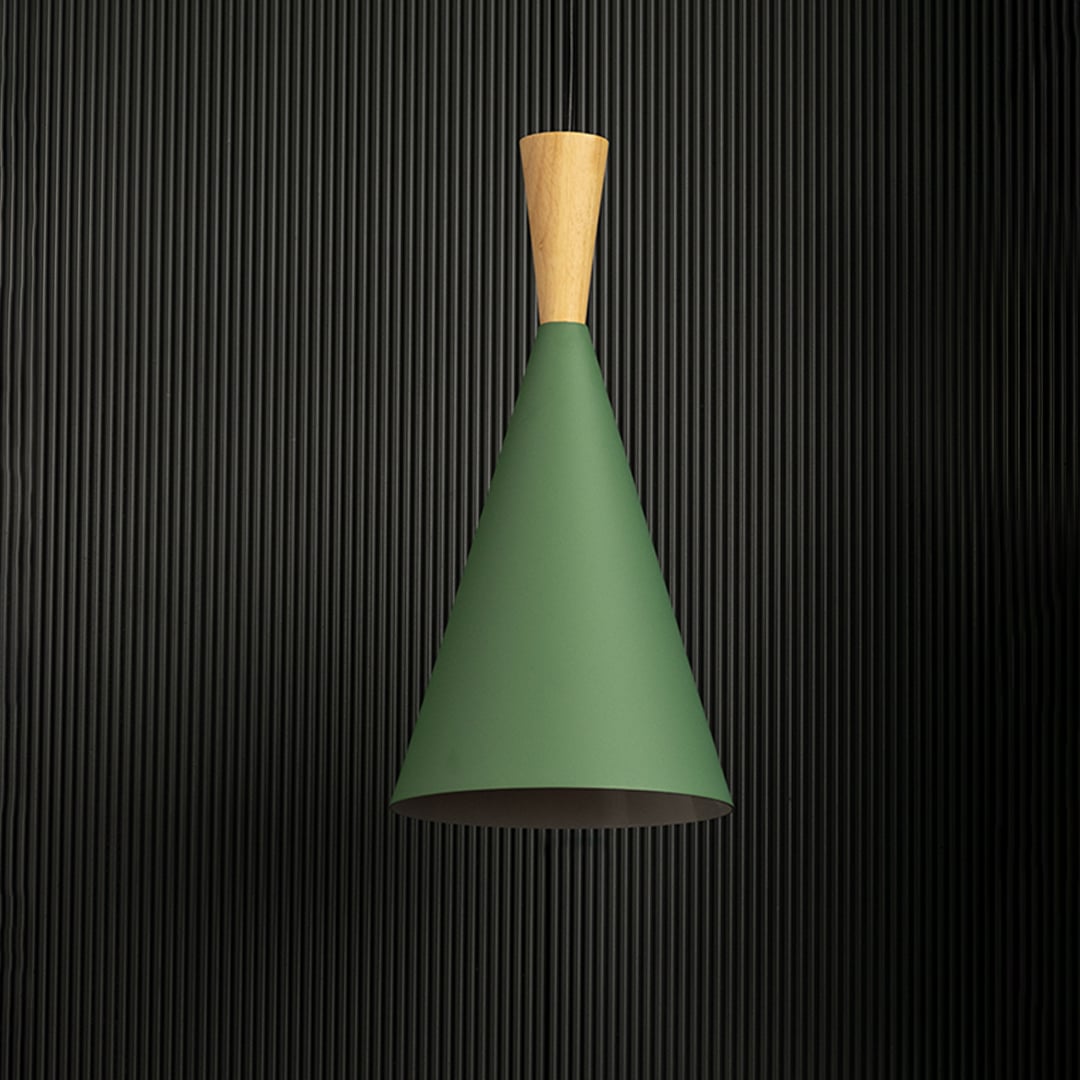 Green metal cone pendant light with natural wood top showcased on black background for contemporary dining or kitchen lighting.