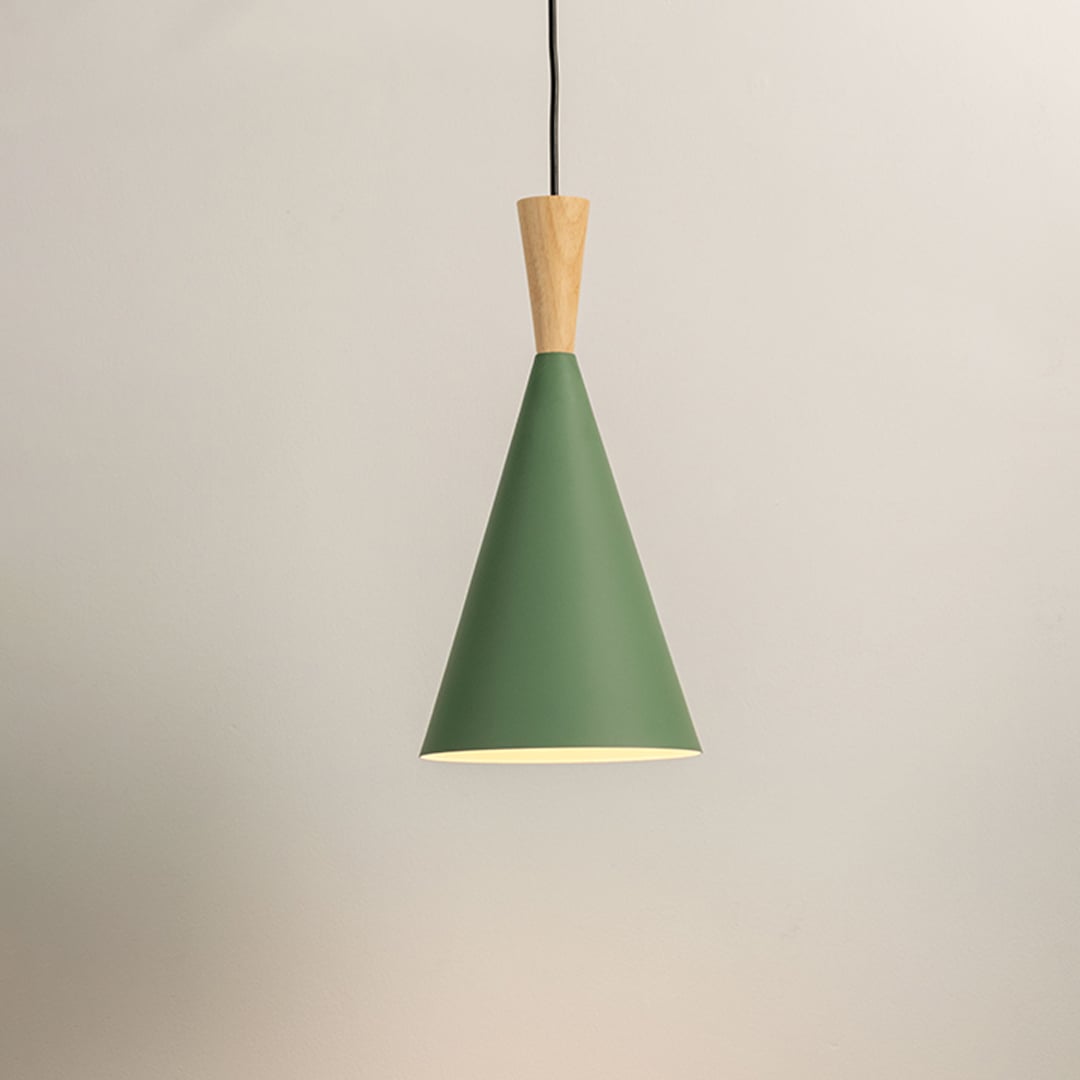 Stylish green cone pendant light with matte finish and wooden detail on plain white background.