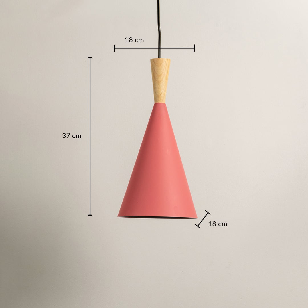 Red cone pendant light with wooden top showing measurements 37 cm height and 18 cm width for accurate sizing.