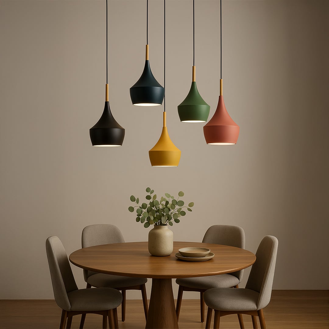 Modern pendant light set in black green blue yellow and red with sleek wooden detail for dining and living spaces.