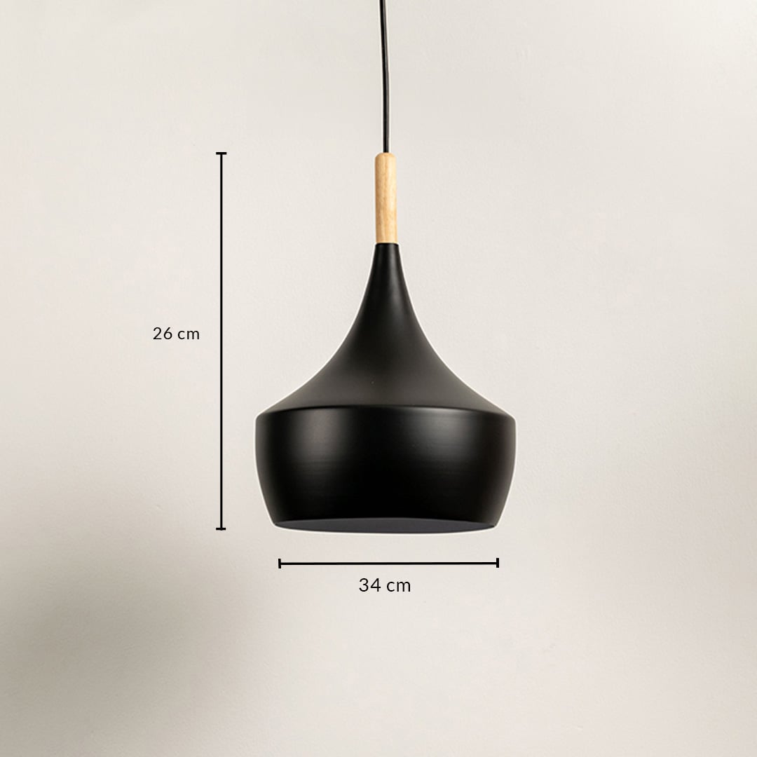 Black pendant light with wooden accent showing 26 cm height and 34 cm width on white background.