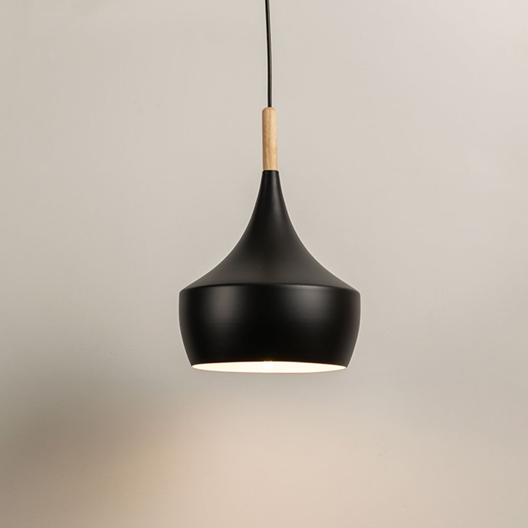 Black pendant light with wooden accent displayed on white background for modern ceiling lighting.