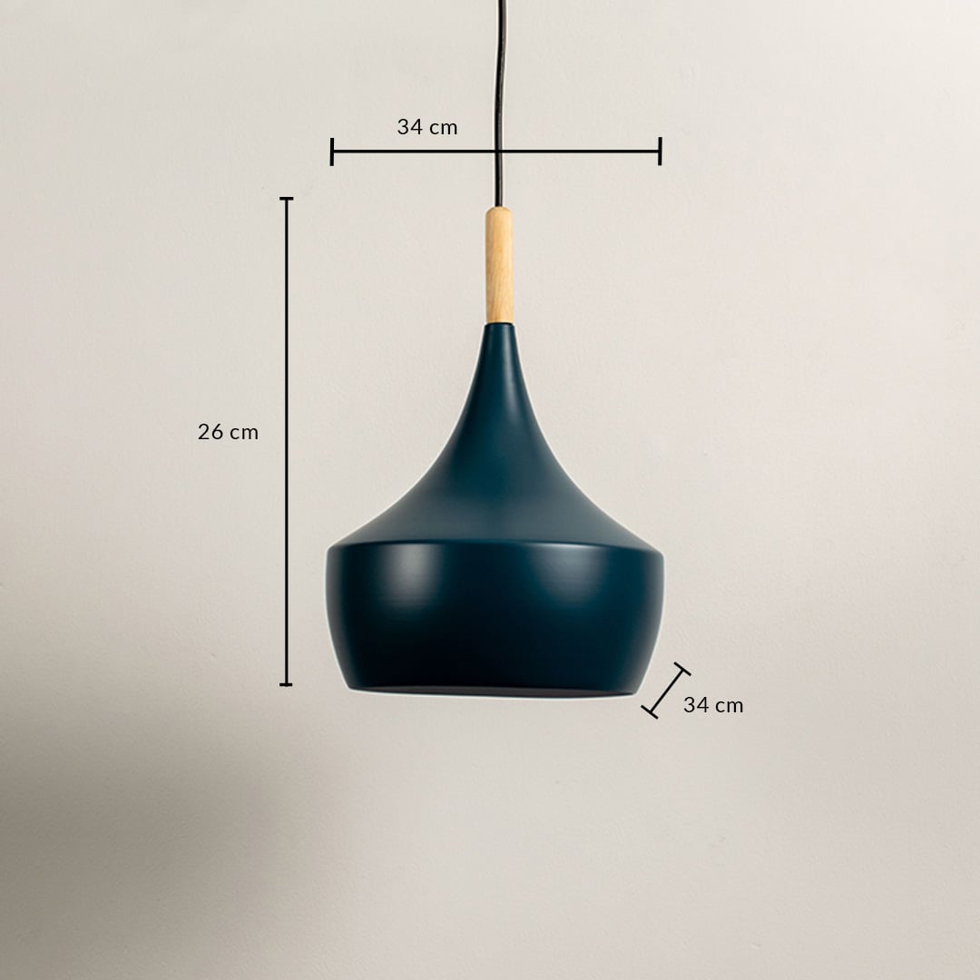 Dimensions of a pendant light showing a height of 26 cm and width of 34 cm are designed for modern interiors.