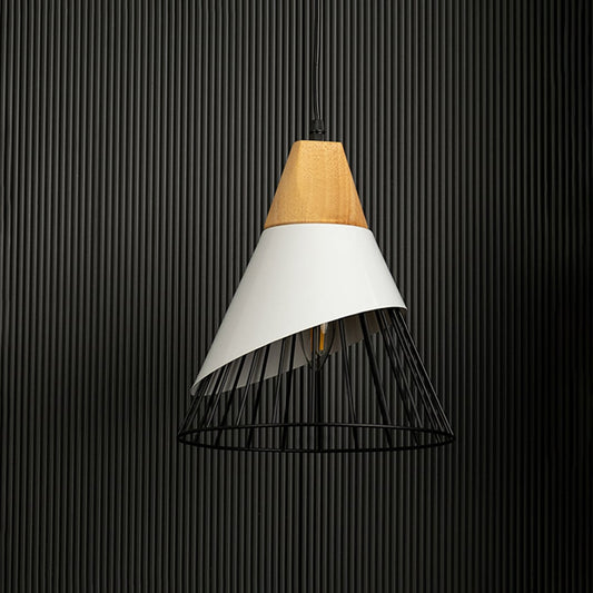 White and black metal pendant light with wire cage shade displayed unlit on dark background for modern industrial lighting style.