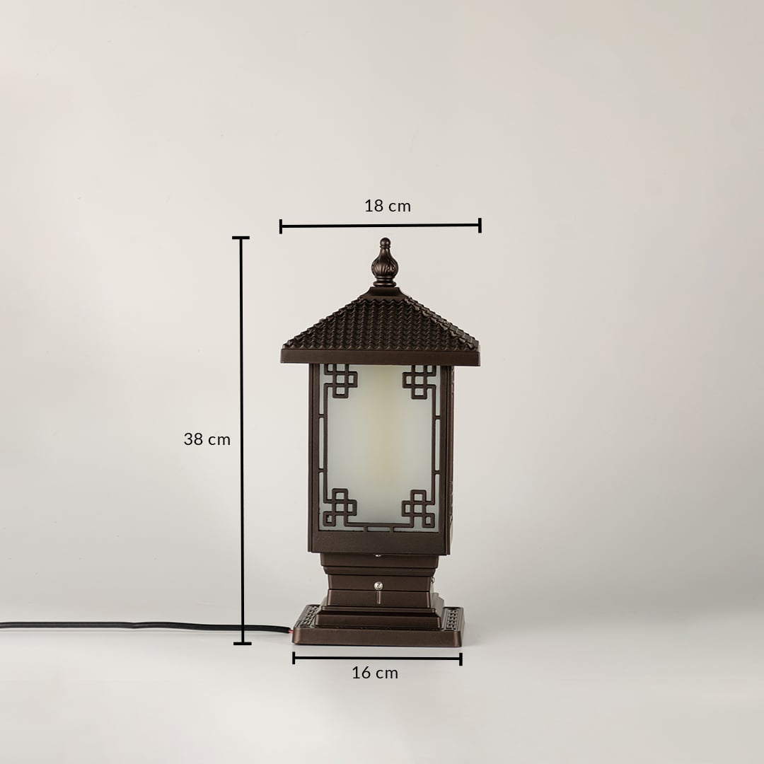 Black traditional post lantern Dimensions Image 34 cm height 17 cm top width 15 cm base width perfect for outdoor pillar mounting.