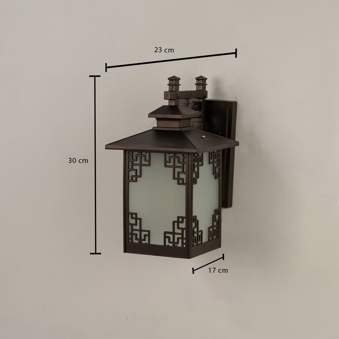 Brown outdoor lantern with frosted glass showing dimensions 30 cm height 23 cm width and 17 cm depth providing accurate measurement for exterior wall placement.