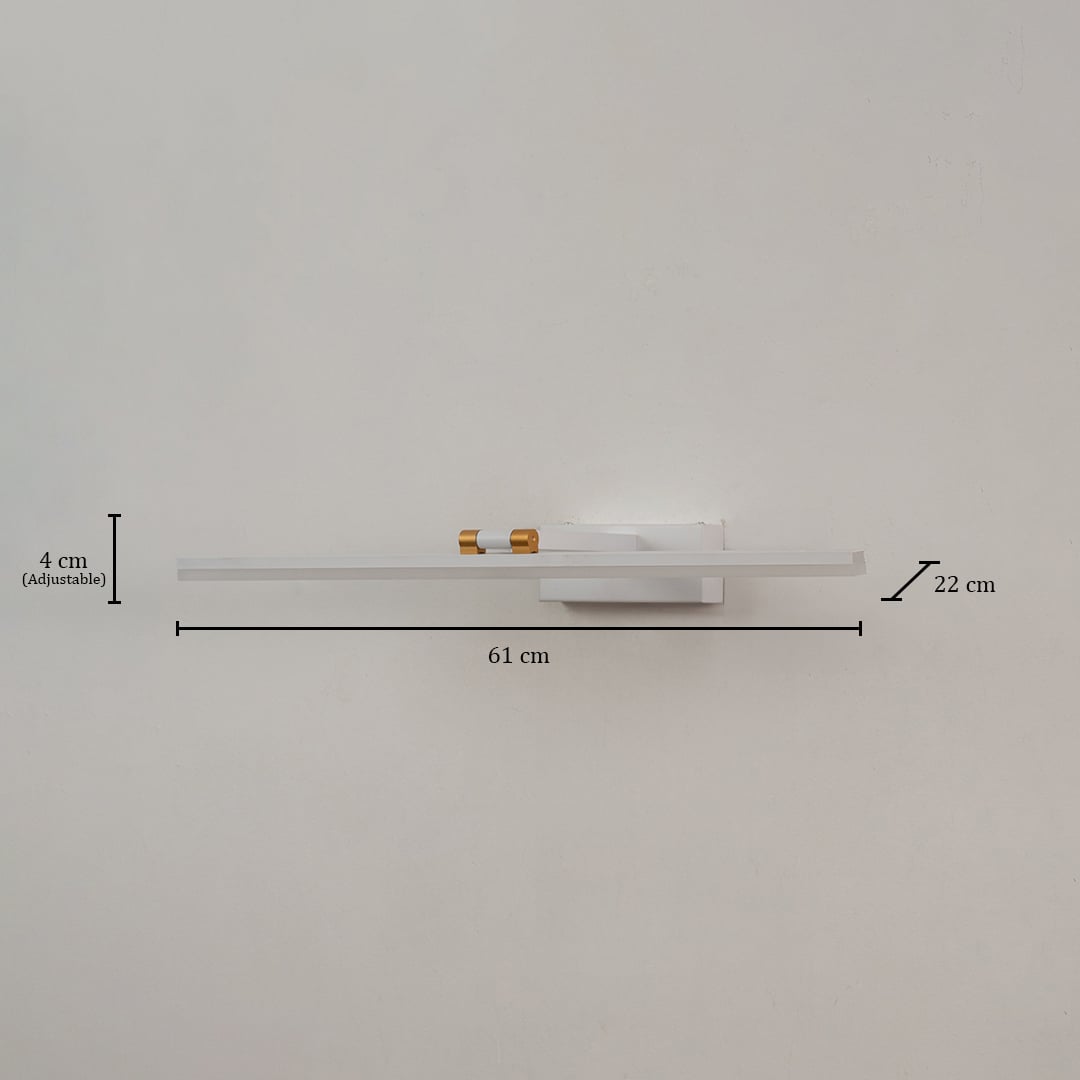 White and gold metal picture light with 61 cm width 22 cm depth and 4 cm adjustable height shown clearly for accurate placement.