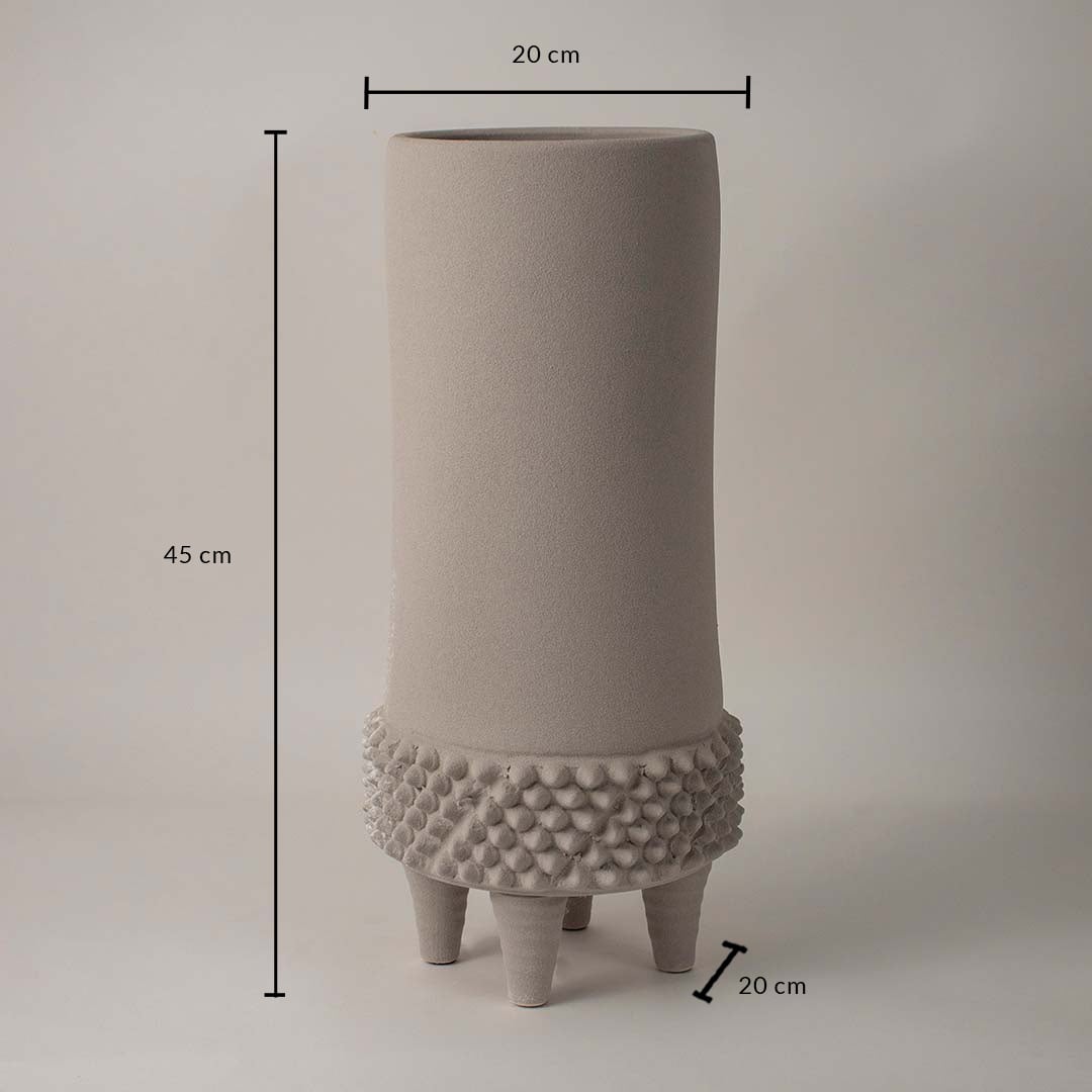 Beige ceramic decorative vase with dotted texture showing 45 cm height and 20 cm width on white background dimension view.