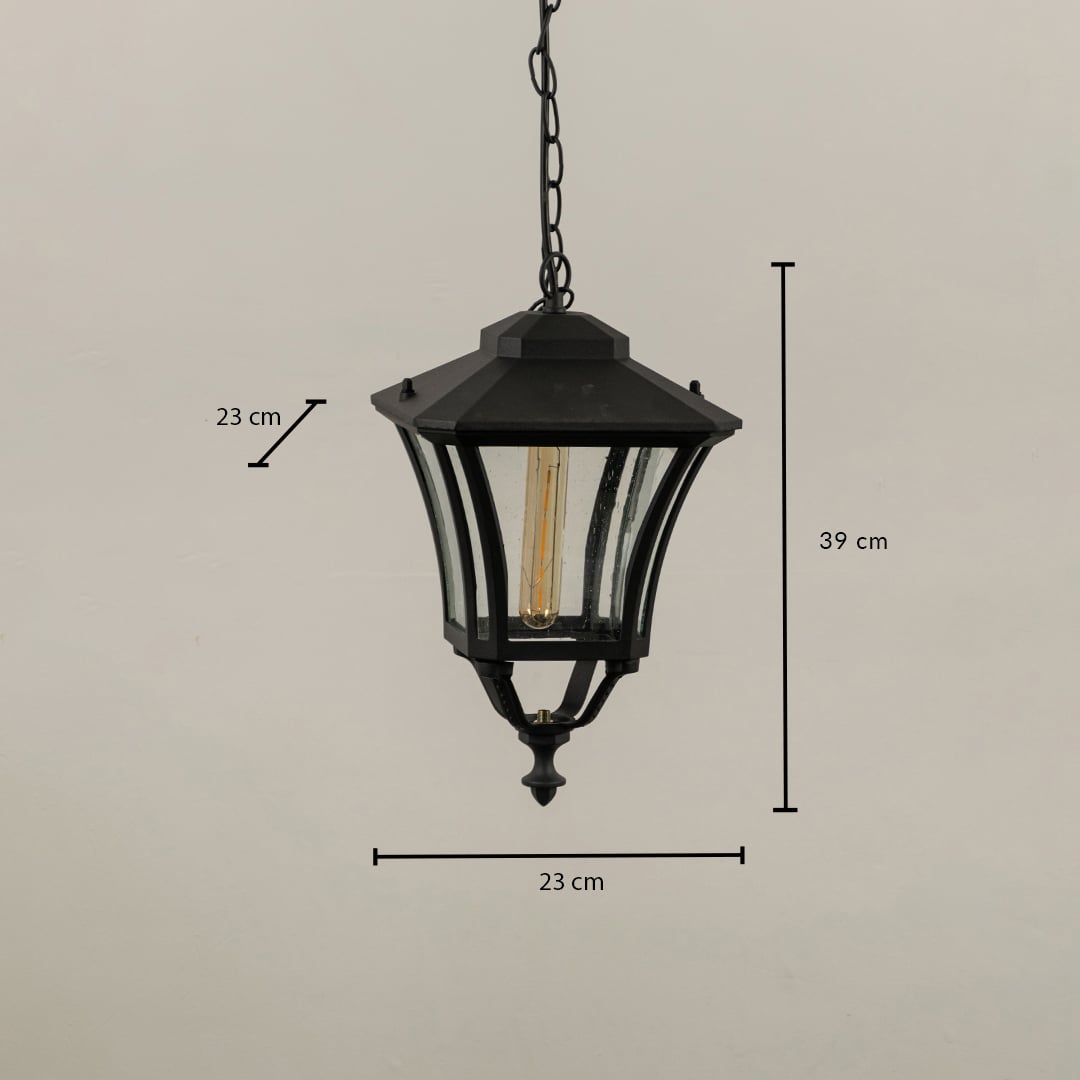 Black hanging outdoor lantern showing dimensions 39 cm height and 23 cm width offering accurate measurement for porch patio and outdoor ceiling placement.
