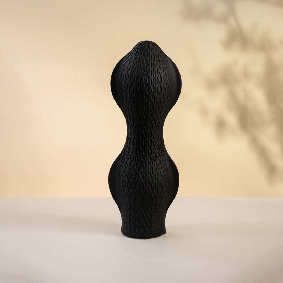 Black ceramic vase against a white background highlighting its textured surface and modern curved design.