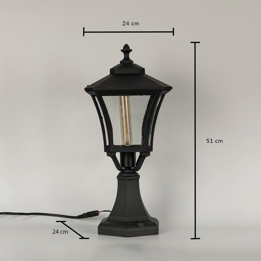 Black metal outdoor floor lantern showing height 51 cm width 24 cm and base size 24 cm ideal for exterior pathway Decor.