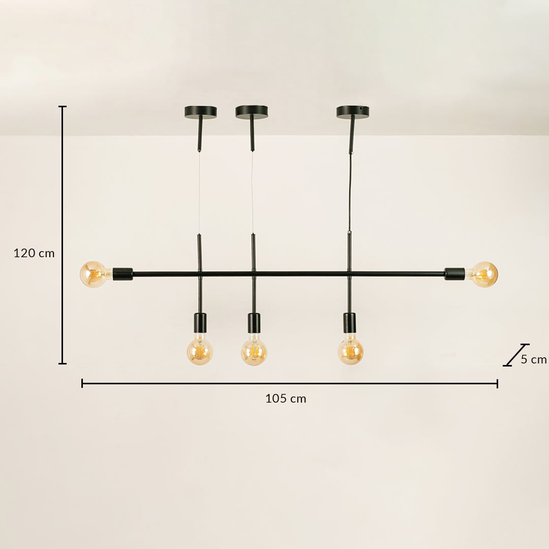 Black linear chandelier with 105 cm width 120 cm adjustable height and 5 cm depth shown clearly for accurate placement.