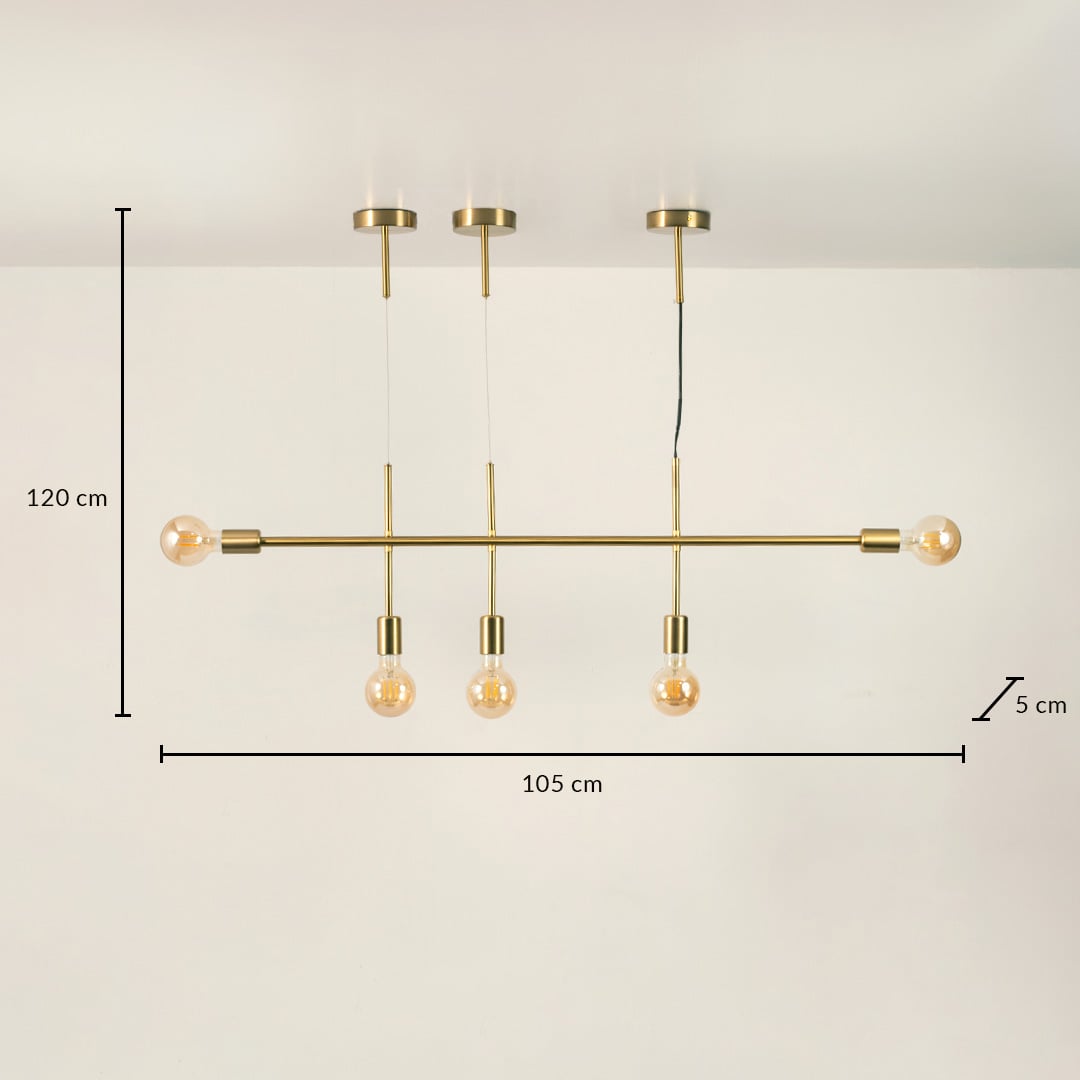 Gold linear chandelier with 105 cm width 120 cm adjustable height and 5 cm depth shown clearly for accurate placement.