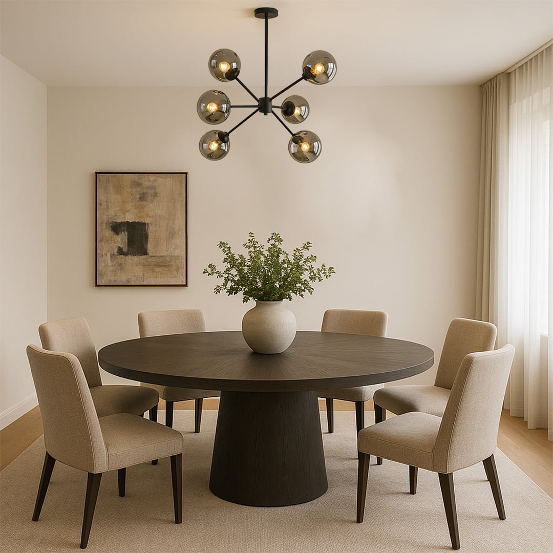 Designer chrome glass chandelier with geometric frame enhancing dining areas living rooms and modern luxury interior spaces.