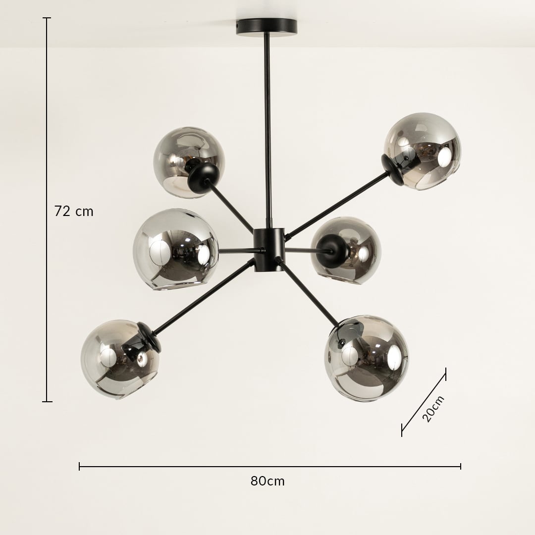 Designer black and chrome chandelier showing 72 cm height and 80 cm width ideal for dining hall living room and modern interiors.