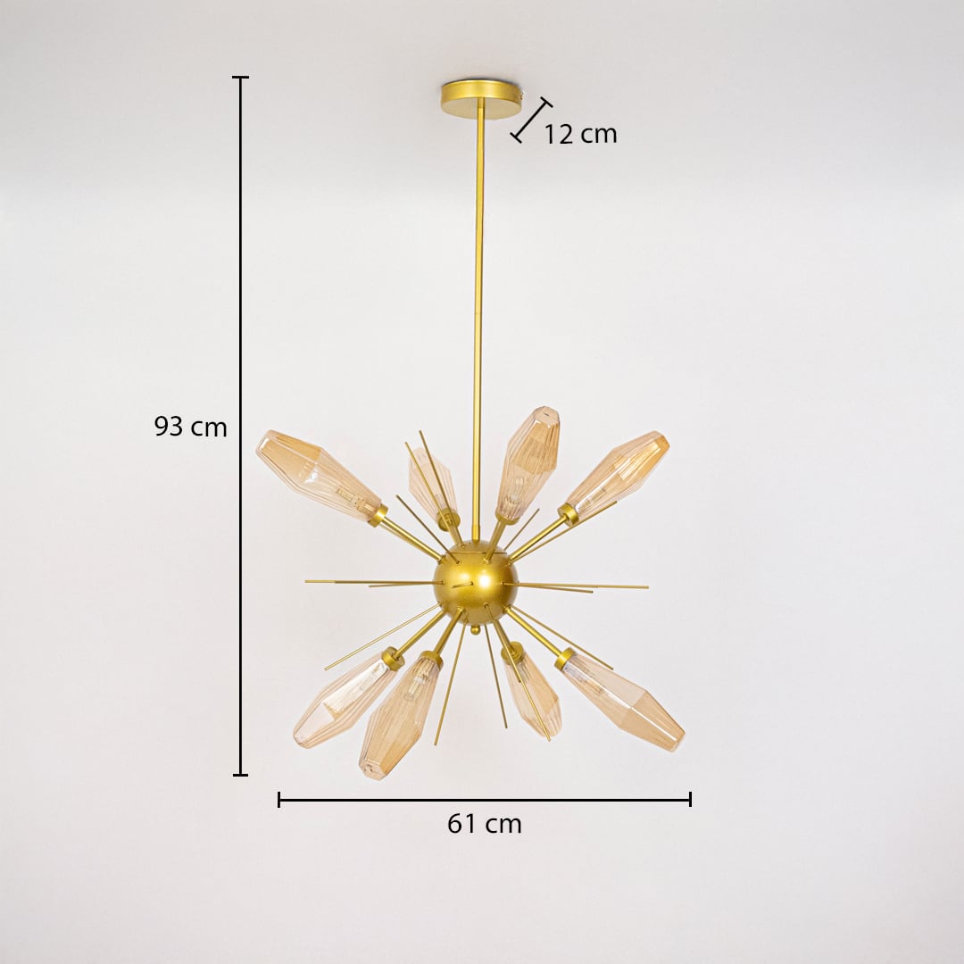 Golden metal chandelier with amber glass rods measuring 93 cm height and 61 cm width perfect for luxury living room ceiling decor.