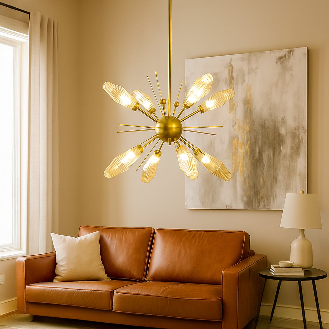 Golden metal chandelier with amber glass shades brightening modern living room interior for luxury designer home lighting decor.