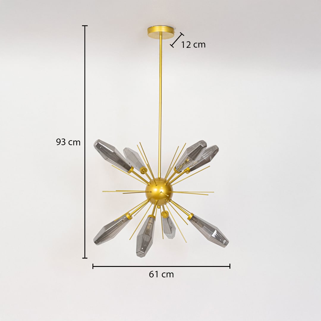 Gold chandelier measuring 93 cm in height and 61 cm in width with modern crystal design perfect for dining or living rooms.