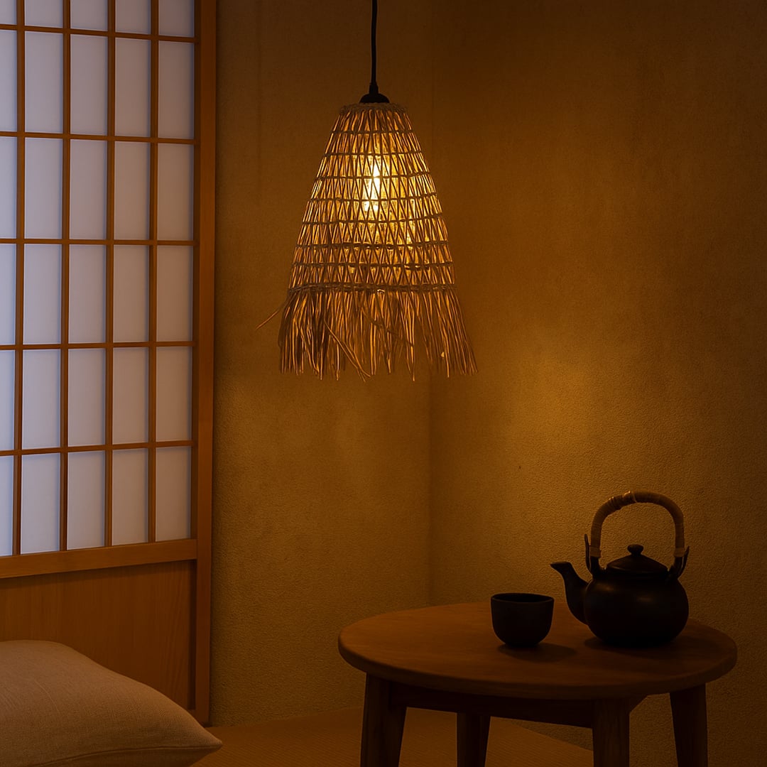 Tiered woven cane pendant light hanging in a cozy living room with cream sofa macrame wall art and a round wooden coffee table in daytime.