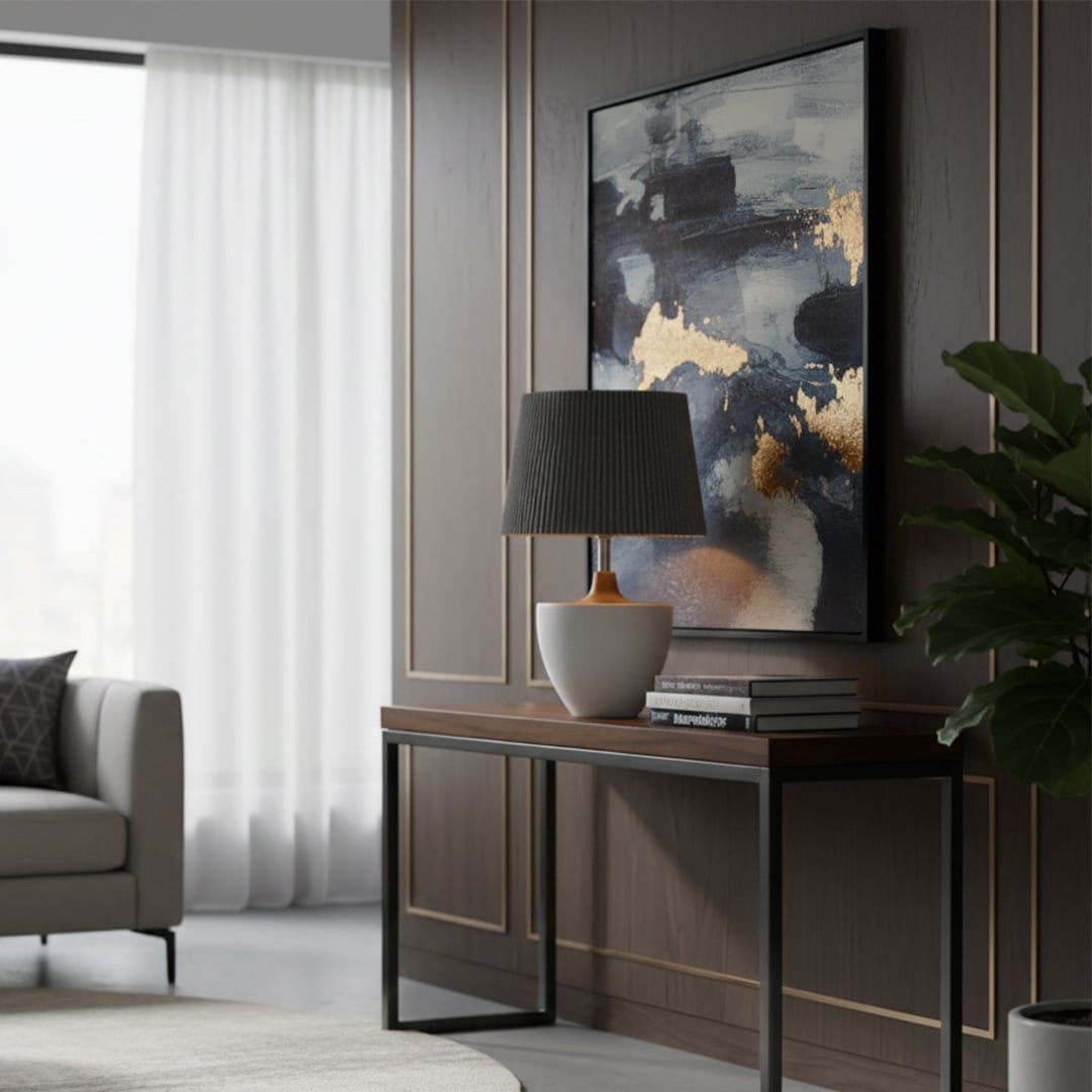 wabi sabi style white ceramic table lamp with grey shade main lifestyle