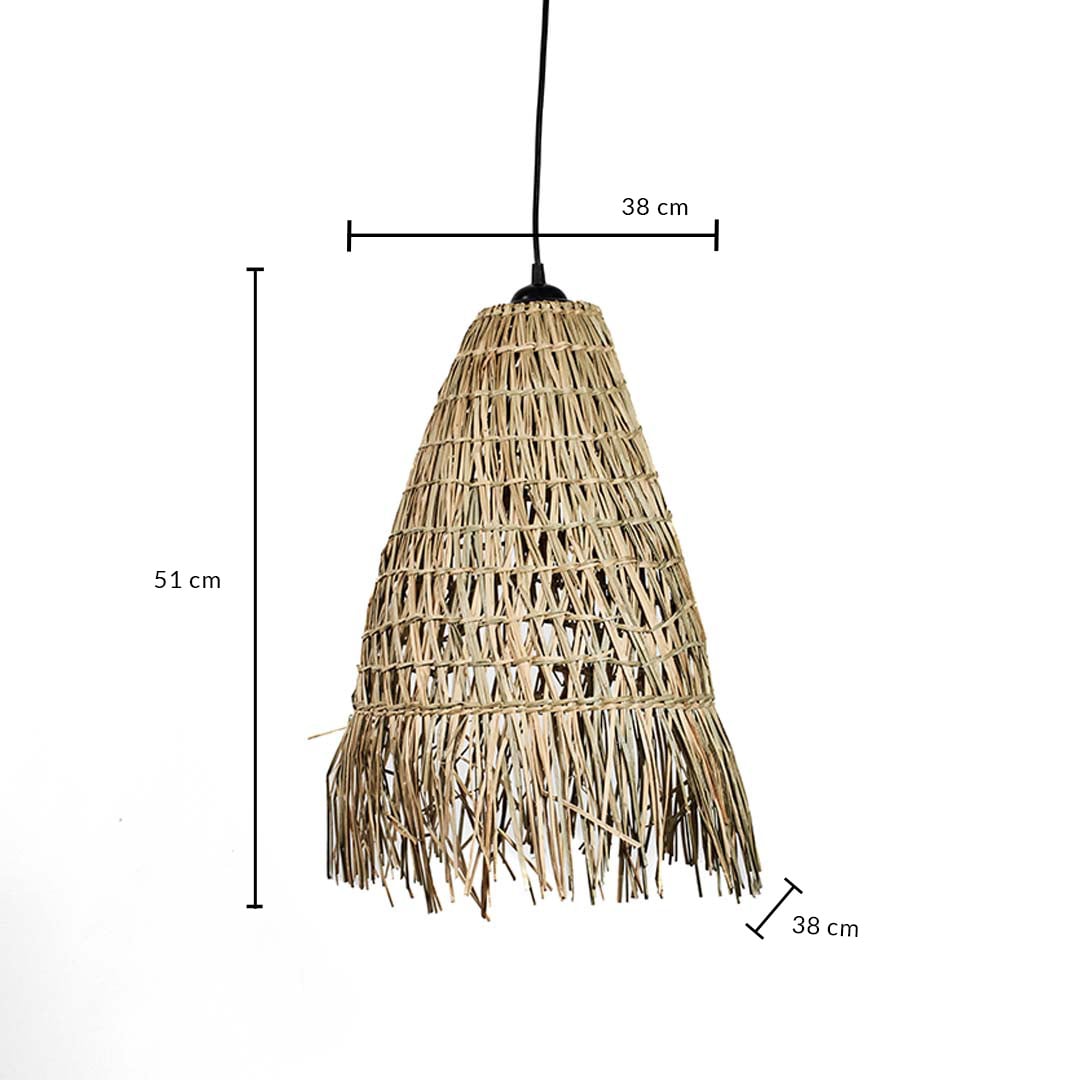 Rattan pendant light with conical woven shade and fringe displayed with 51 cm height and 38 cm width dimensions.
