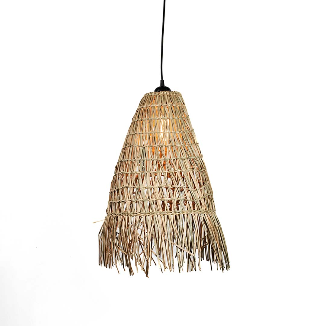 Handcrafted rattan pendant light with woven conical shade and fringe design displayed on plain white background.