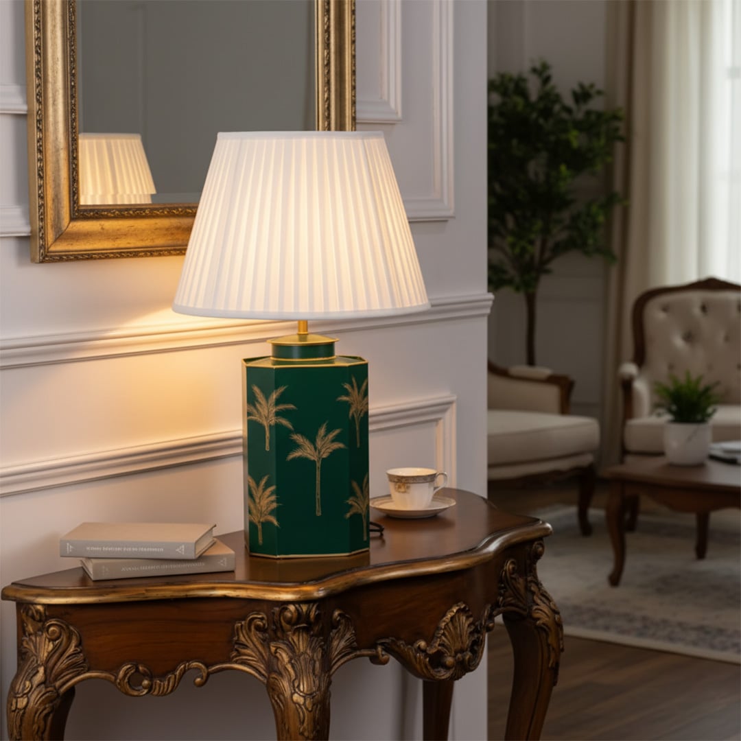 warli dandak green metal table lamp white pleated lamp shade main lifestyle