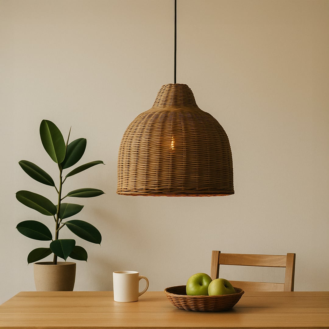 Dome-shaped rattan pendant light in natural brown finish glowing warmly above dining table in cozy modern decor.