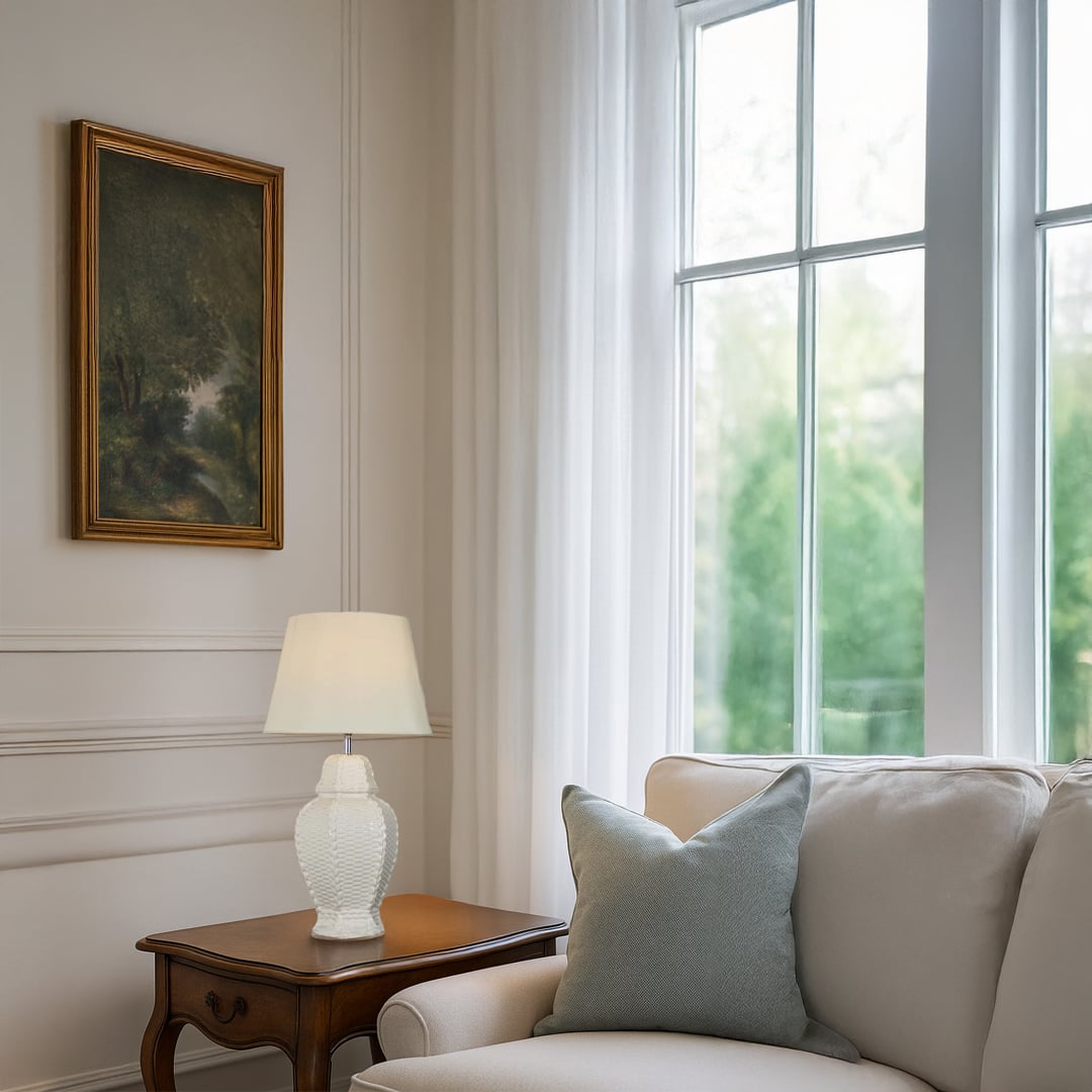 White ceramic textured table lamp with a soft cream shade placed on a wooden side table adding a bright elegant touch to modern living room decor.