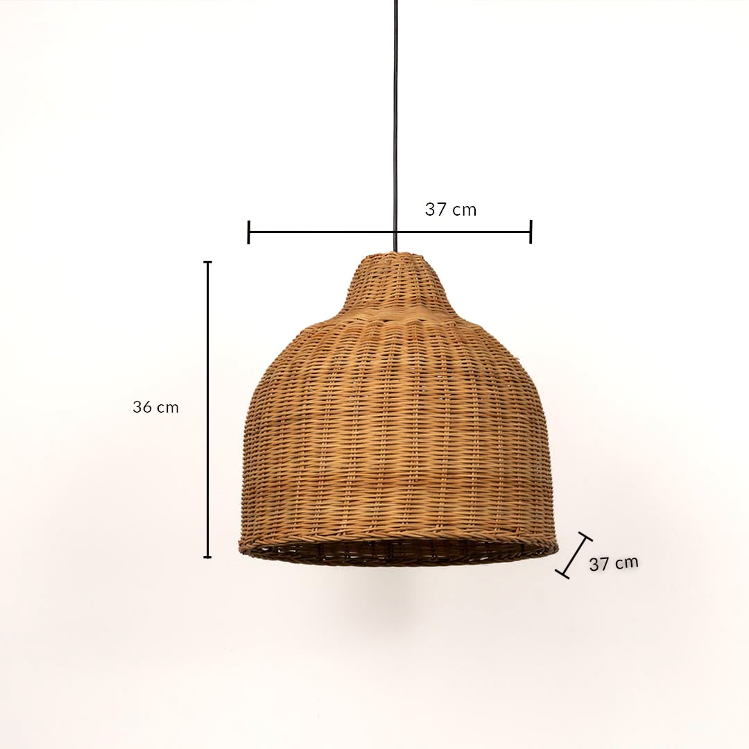 Brown rattan pendant light with bamboo shade shown with 36cm height and 37cm width for modern room placement.