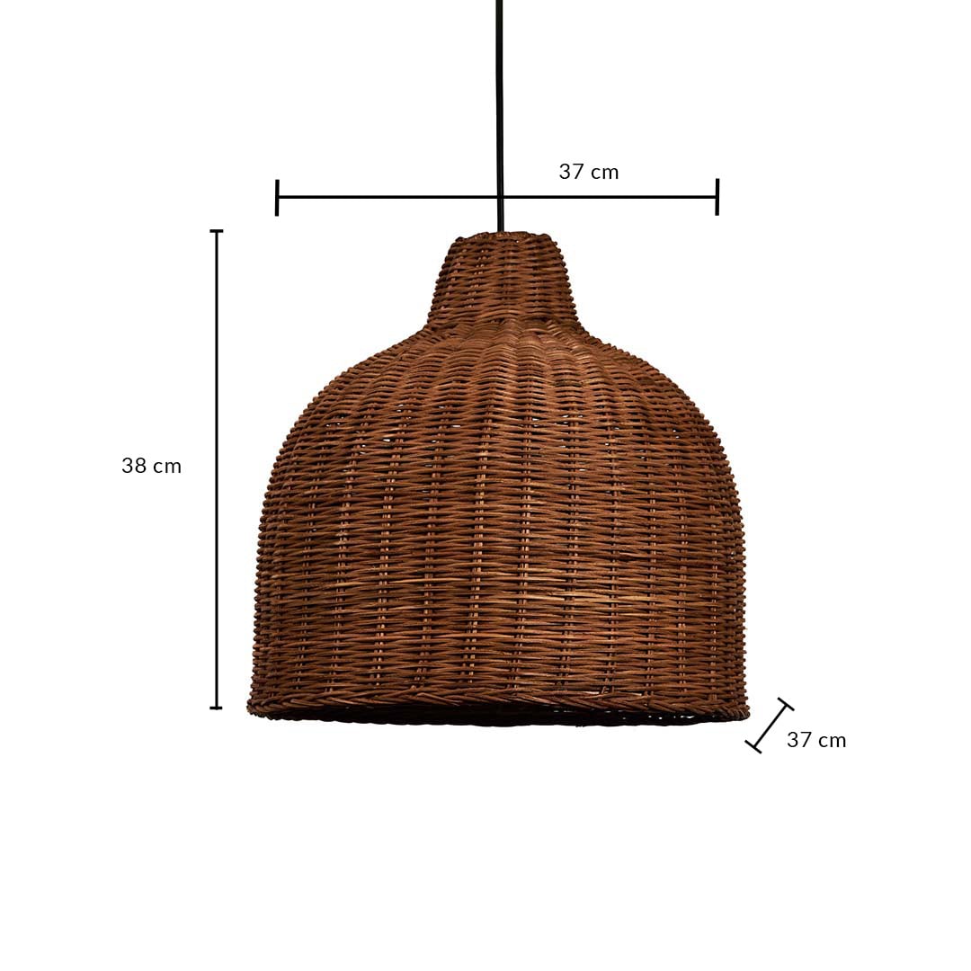 Handwoven rattan pendant light with dome wicker shade shown with 38cm height and 37cm width for rustic interiors.